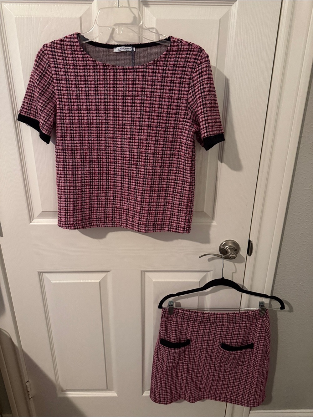 Zara Pink & Black Houndstooth Short Sleeve Top and Skirt Set